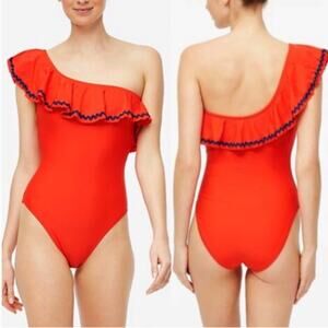 NWT J Crew Rickrack Ruffle One Shoulder One Piece Bathing Suit Red Blue XS